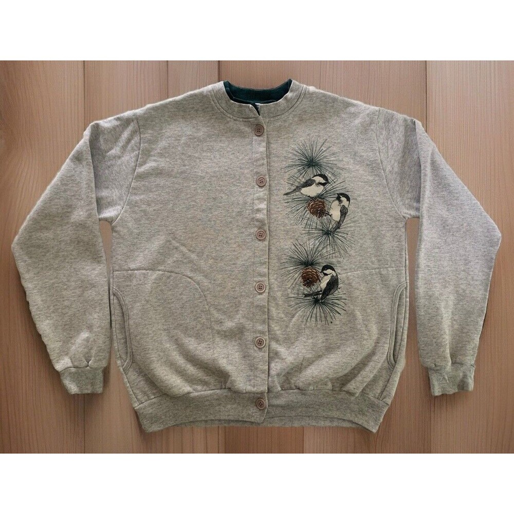 Vintage 90s Pinecone and Chickadee Cardigan Sweatshirt Womens White Heather Sz M